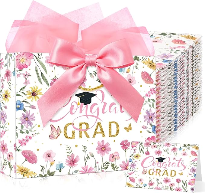 Maitys 12 Pack 13" Large 2026 Graduation Gift Bags Bulk with Handle, Tissue Papers, Cards, Ribbons Pink Class of 2026 Congrats Grad Wildflower Paper Wrapping Bag for College Graduation Party Supplies