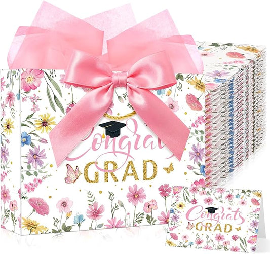 Maitys 12 Pack 13" Large 2026 Graduation Gift Bags Bulk with Handle, Tissue Papers, Cards, Ribbons Pink Class of 2026 Congrats Grad Wildflower Paper Wrapping Bag for College Graduation Party Supplies