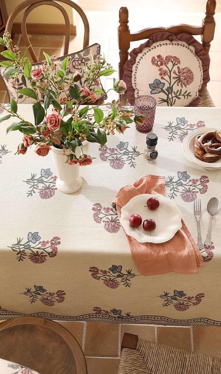 ISAENNE Designer Linen Light Beige Table Cloth for Rectangle Table,French Colorful Floral Table Cloth,Stain Resistant Decor Tablecloths for Dining Thanksgiving Kitchen,55"*87"-Helena E