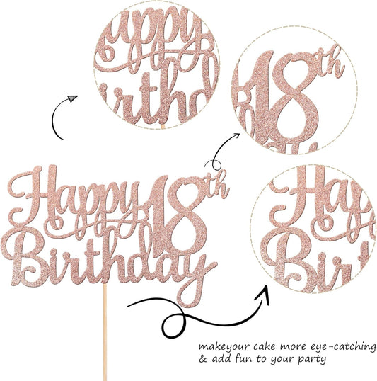 1 PCS Happy 18th Birthday Cake Topper Glitter Cheers to 18 Years Birthday Cake Pick 18 Fabulous Cake Decoration for Happy 18th Birthday Theme Party Decorations Supplies Rose Gold