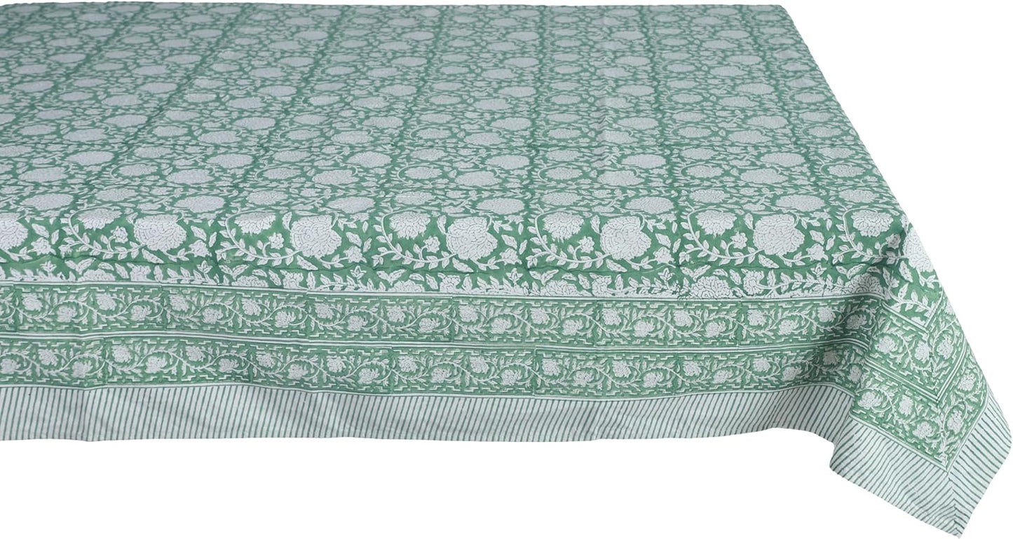 ATOSII Shalimar Green 100% Cotton Square Fall Tablecloth, Handblock Floral Table Cloth Linen for Kitchen Dining I Parties Wedding Outdoors Christmas Thanksgiving I Fall Home Decor 60 X 60 Inches