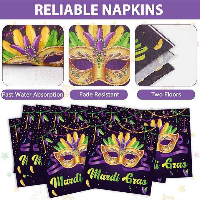 OBUSATT 96Pcs Mardi Gras Party Supplies Mardi Gras Paper Plates Napkins Forks Black Masquerade Mask Dinnerware Disposable New Orleans Party Decorations MardiGrass Tableware Serves 24