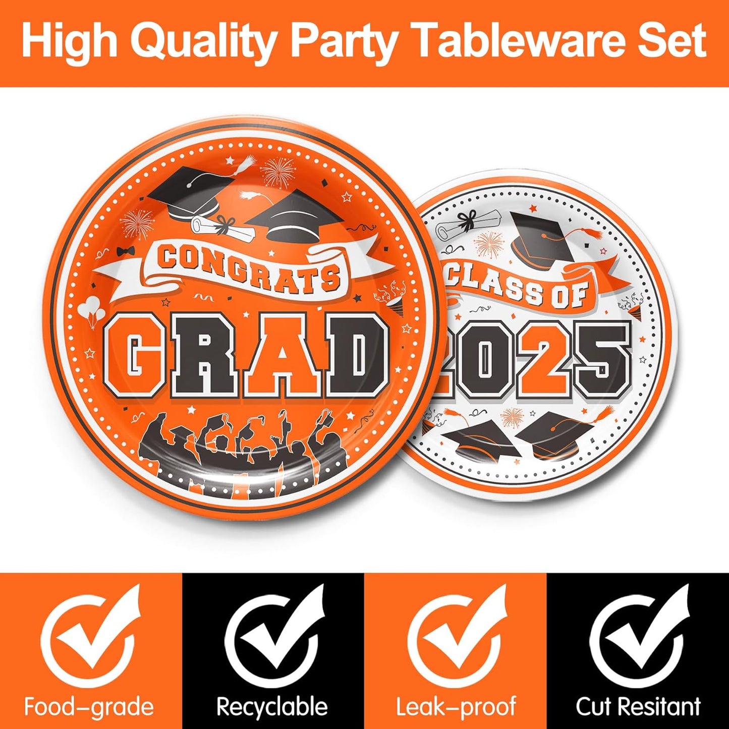Graduation Decorations Class of 2025 - Orange Graduation Party Supplies 2025 Include Plates, Cups, Napkins, Cutlery, 24 Guests