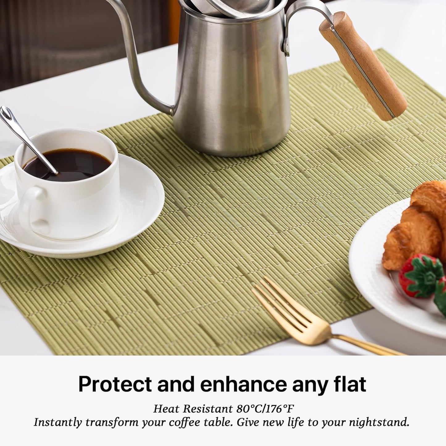 LEXMORE Placemats Set of 6 Vinyl/Plastic Woven Place Mats for Kitchen Table Indoor/Outdoor Washable Placemat Wipeable Dining Table Mats(Pea Green)