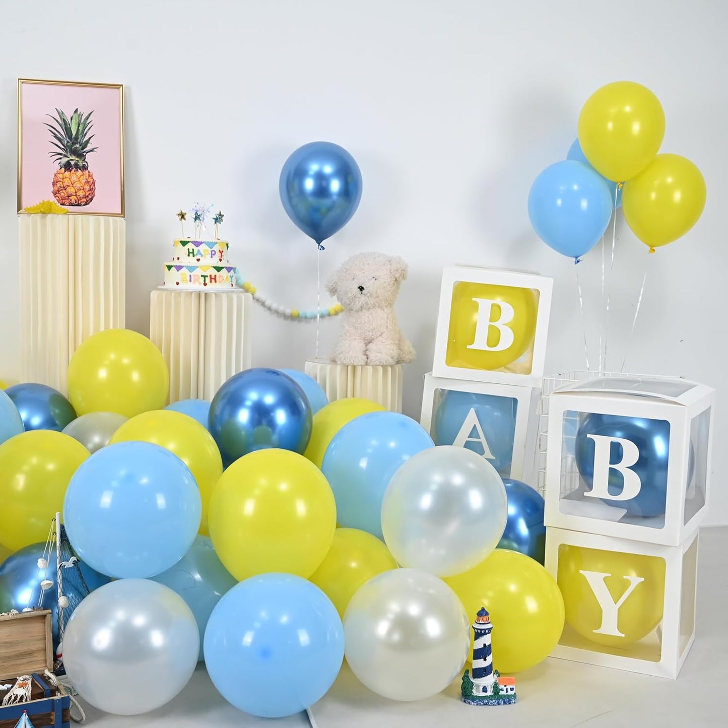 Blue Yellow Balloon, 60 PCS 12 Inch Cartoon Theme Balloons Blue Yellow and White Balloons for Kids Cartoon Party Baby Shower Duck Birthday Party Decorations