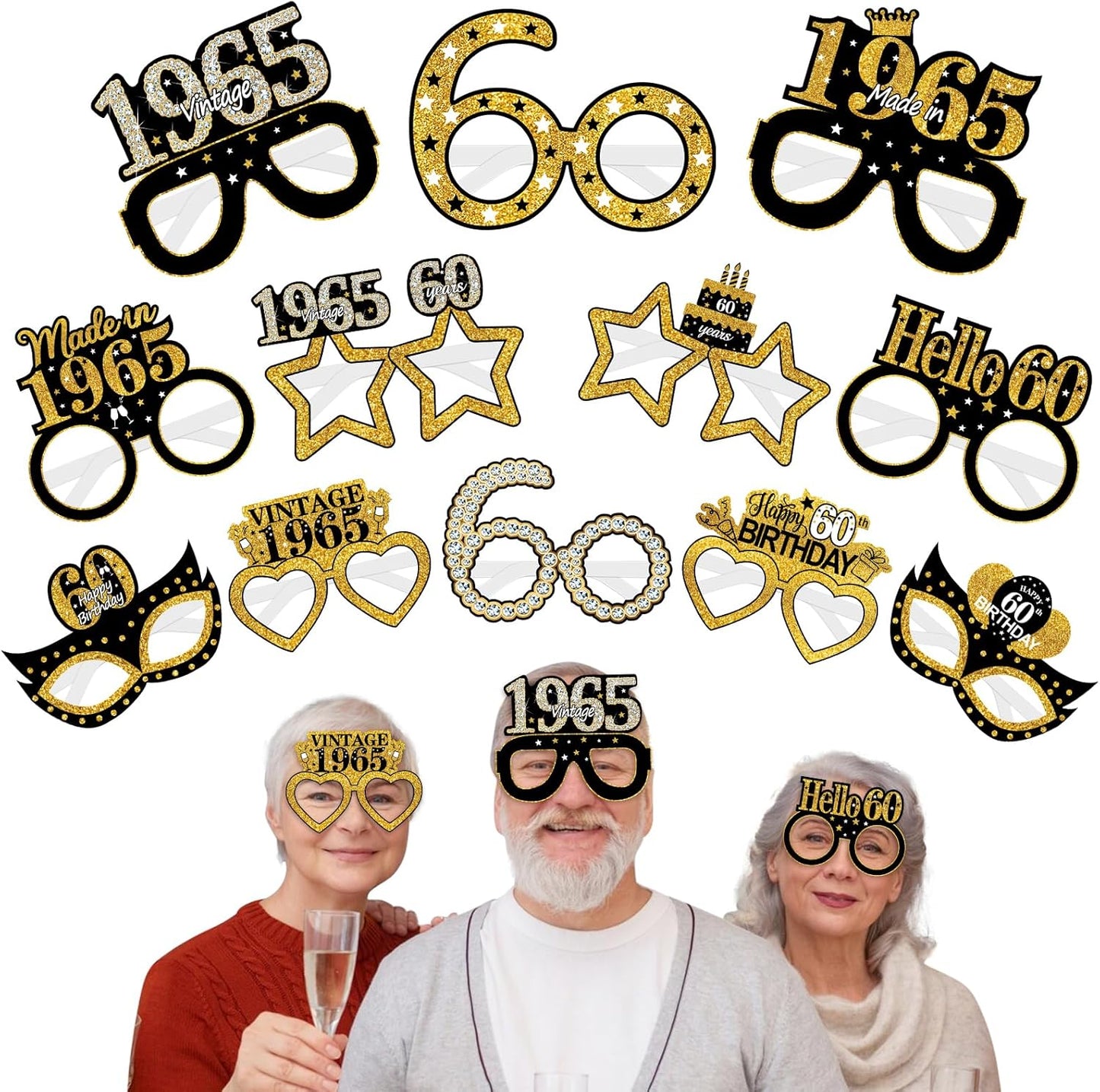 24Pcs 1965 60th Birthday Paper Glasses Decorations for Men Women - Black Gold Happy 60th Birthday Paper Eyeglasses Photo Props, Vintage 1965 Sixty Years Old Birthday Party Supplies