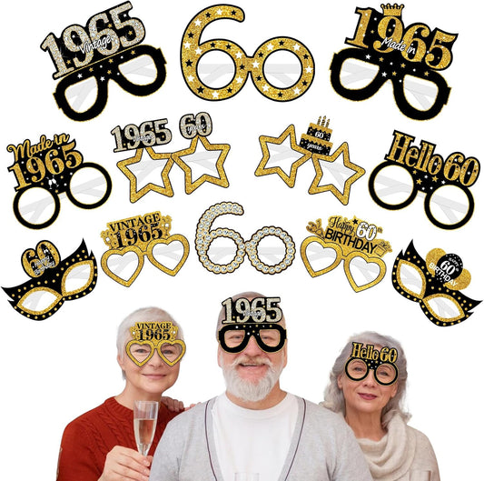 24Pcs 1965 60th Birthday Paper Glasses Decorations for Men Women - Black Gold Happy 60th Birthday Paper Eyeglasses Photo Props, Vintage 1965 Sixty Years Old Birthday Party Supplies