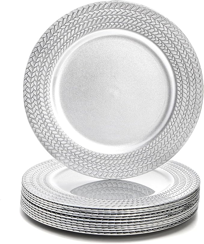 SOUJOY 12 Pack Silver Charger Plates, 13 Inch Plastic Dinner Plate, Leaf Trim Antique Charger Plate for Weddings, Parties, Anniversary, Thanksgiving, Christmas