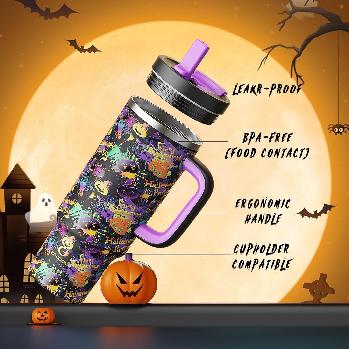 40oz Halloween Tumbler with Handle and Straw, Stainless Steel Insulated Water Bottle with Straw, Leak-Proof, Cup Holder Friendly, Keeps Cold 24 H, Gifts for Women Men, Ghost Party