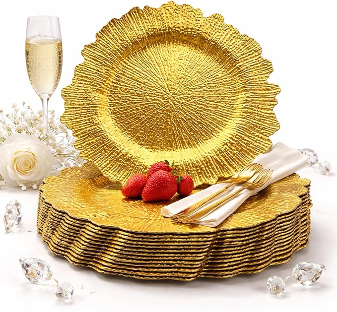 Gold Charger Plates Set of 15/50, Reef Plate Chargers for Dinner Plate, Round Plastic Table Chargers for Thanksgiving, Christmas (50)