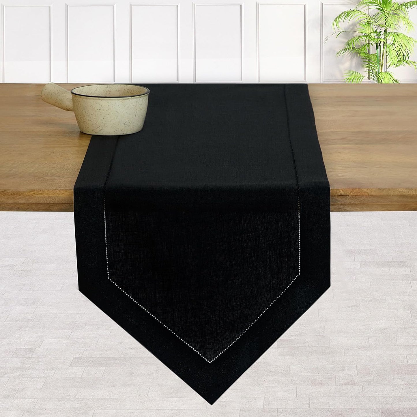 D'Moksha Homes Black Linen Table Runner 60 Inches Long - 100% Pure Linen Diamond Table Runner 14 x 60 Inch for Dining, Fall and Halloween - Machine Washable