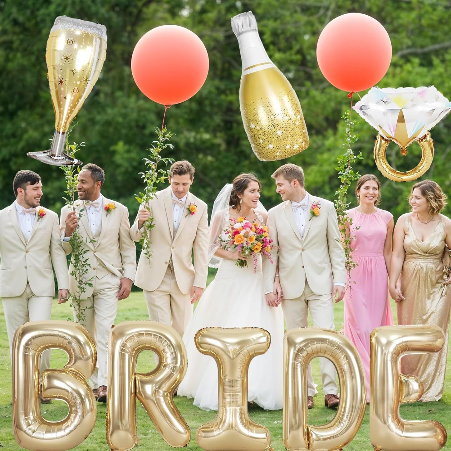 40inch Bride Balloons Light Gold Letters Banner, Bachelorette Party Decoration Set with Diamond Ring Champagne Bottle Balloon Glass Foil Balloon for Bachelorette Engagement Wedding Bridal Shower Decor