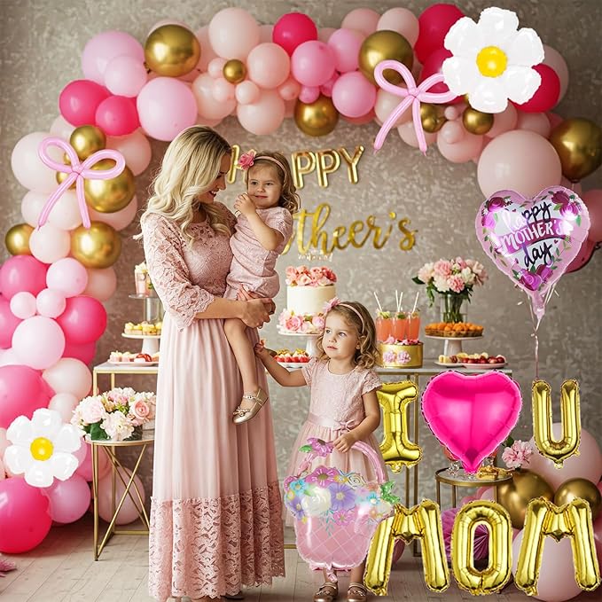 Mothers day Balloon Garland Kit with Pink and Gold Rustic Elegant Party Decorations with Foil Heart Letters Floral Basket Daisy Balloons for Indoor Outdoor Party Supplies