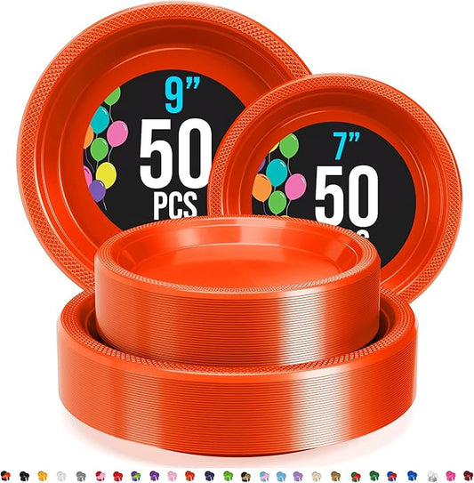 Party Solids Orange Plastic Plates For Party Supplies, Orange Disposable Plates 100 Pieces - 50-7" & 50-9" Heavy Duty 350 GSM Disposable Dinnerware Sets, Plastic Dinnerware Sets