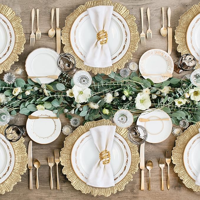 MAONAME Round 13" Gold Charger Plates, Set of 6, Reef Plate Chargers for Dinner Plates, Plastic Table Chargers for Wedding, Thanksgiving, Christmas