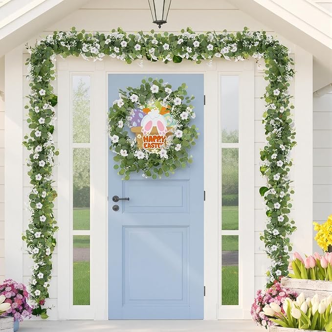 Artificial Eucalyptus Garland with Morning Glory Flowers, 2 Pack Faux Eucalyptus Leaves Greenery Garland Hanging Vines for Wedding Party Backdrop Mantle Table Arch Wall Decor, 6 FT Indoor Outdoor