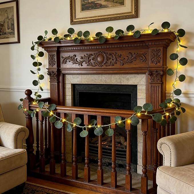 Vines with Lights Battery Operated, 20ft 60 LED Eucalyptus Garland String Lights with Remote, Leaf Lights for Bedroom, Room, Wall, Garden, Party, Wedding Decor (Warm White)