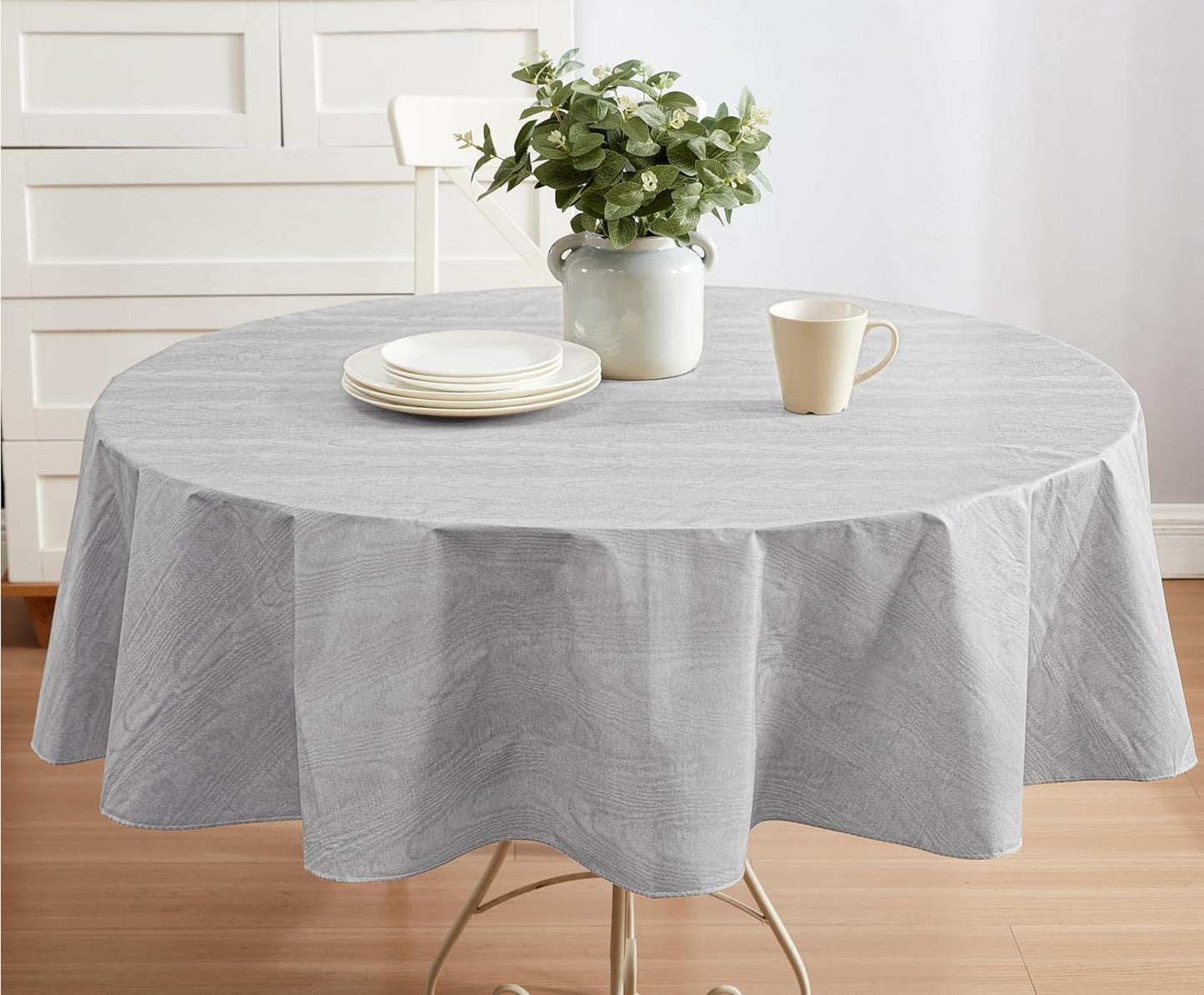 Newbridge Vinyl Flannel Backed Tablecloth, 70 inch Round, Grey Moire Wavy Solid Design, Heavyweight Indoor Outdoor Waterproof Table Cover, Easy Care Wipe Clean