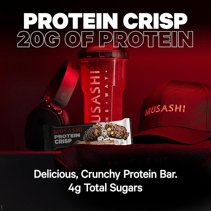 MUSASHI Protein Crisp Bar, 20g Protein, 4g Total Sugars, Vanilla & Caramel, Post Workout and Snack On The Go, 12 Pack of 2.1oz (60g) Bars
