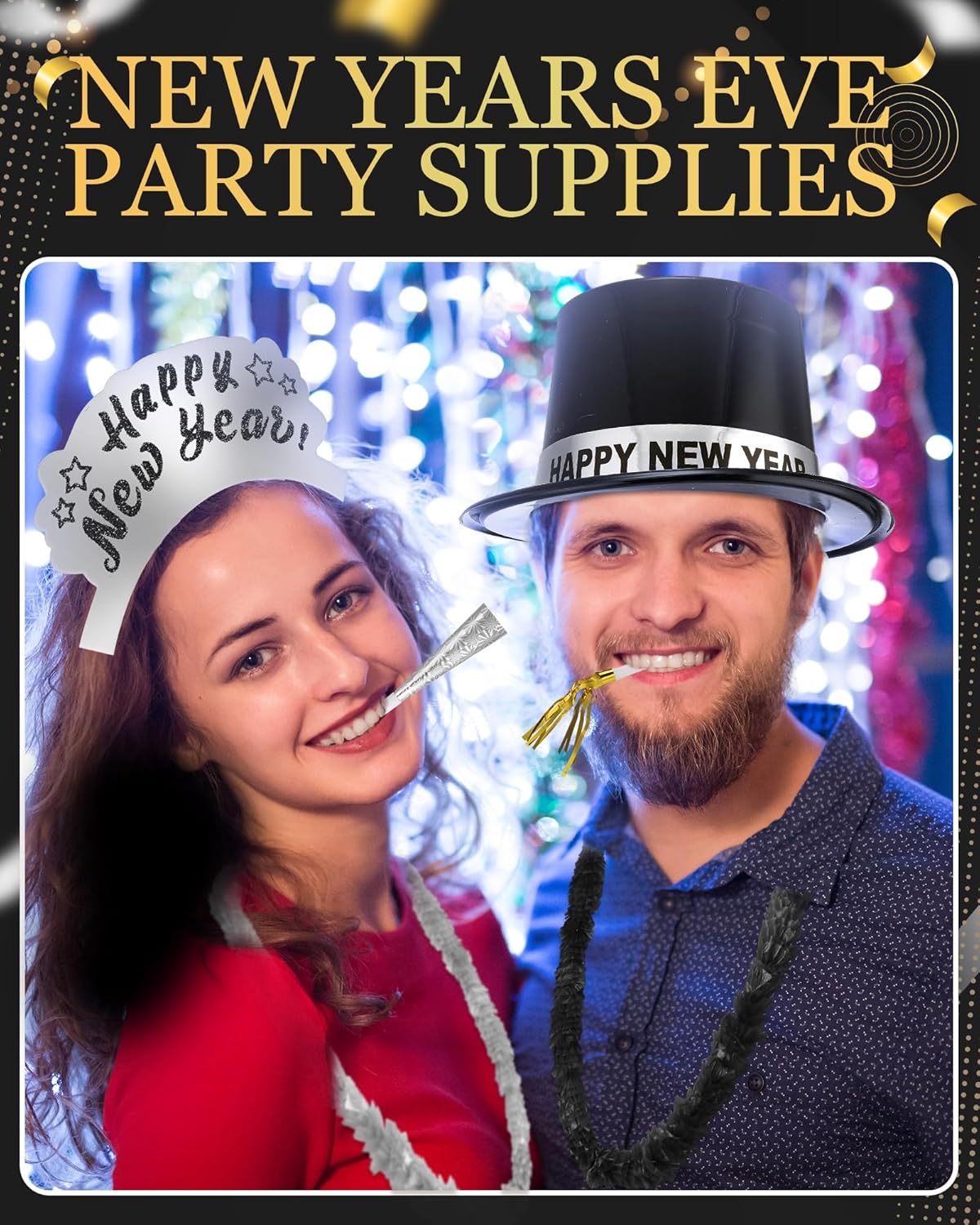 Cuffbow 300 Pcs 2026 New Years Eve Party Supplies Include Happy New Year Cone Hat Headband Tiara Metallic Fringed Party Blowers Noise Makers Horns Leis Hair Hoop Favors Decorations (Black Silver)