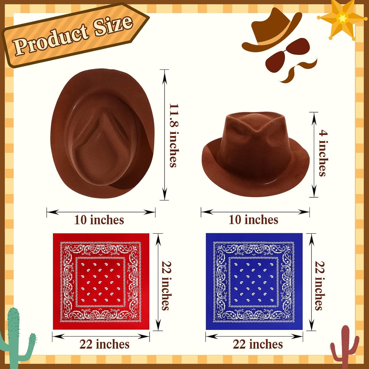 Hillban 72 Pcs Western Cowboy Hat and Paisley Bandana Set for Kids Felt Cowboy Party Hats for Costume Party Favors(Brown)