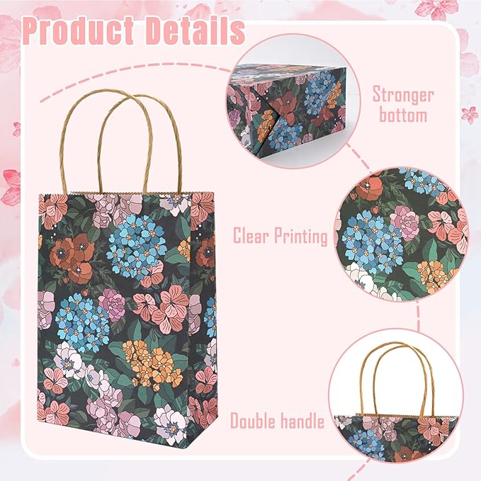 JarThenaAMCS Floral Kraft Paper Gift Bags Vintage Botanic Candy Goodie Treat Bags with Handles Reusable Grocery Bag for Spring Summer Mother's Day Birthday Wedding Party Favors Supplies