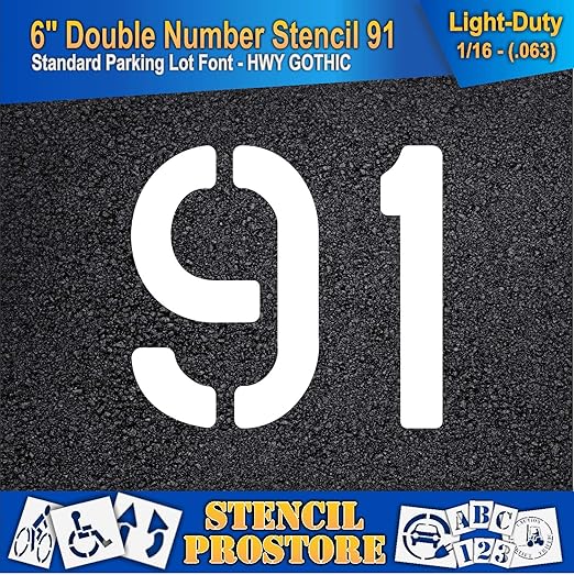 Pavement, Curb, and WheelStop Stencils - 6 inch Double Number Stencil - (91) - 6" x 6" x 1/16" (63 mil) - Light-Duty