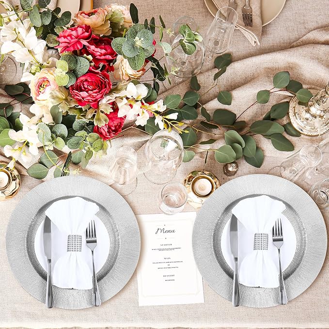 Tanlade 12 Pcs Charger Plates Bulk 13 Inch Plastic Round Wedding Chargers Floral Decorative Plates with Metallic Ruffled Rim for Wedding Party, Holiday Event Supplies(Silver)