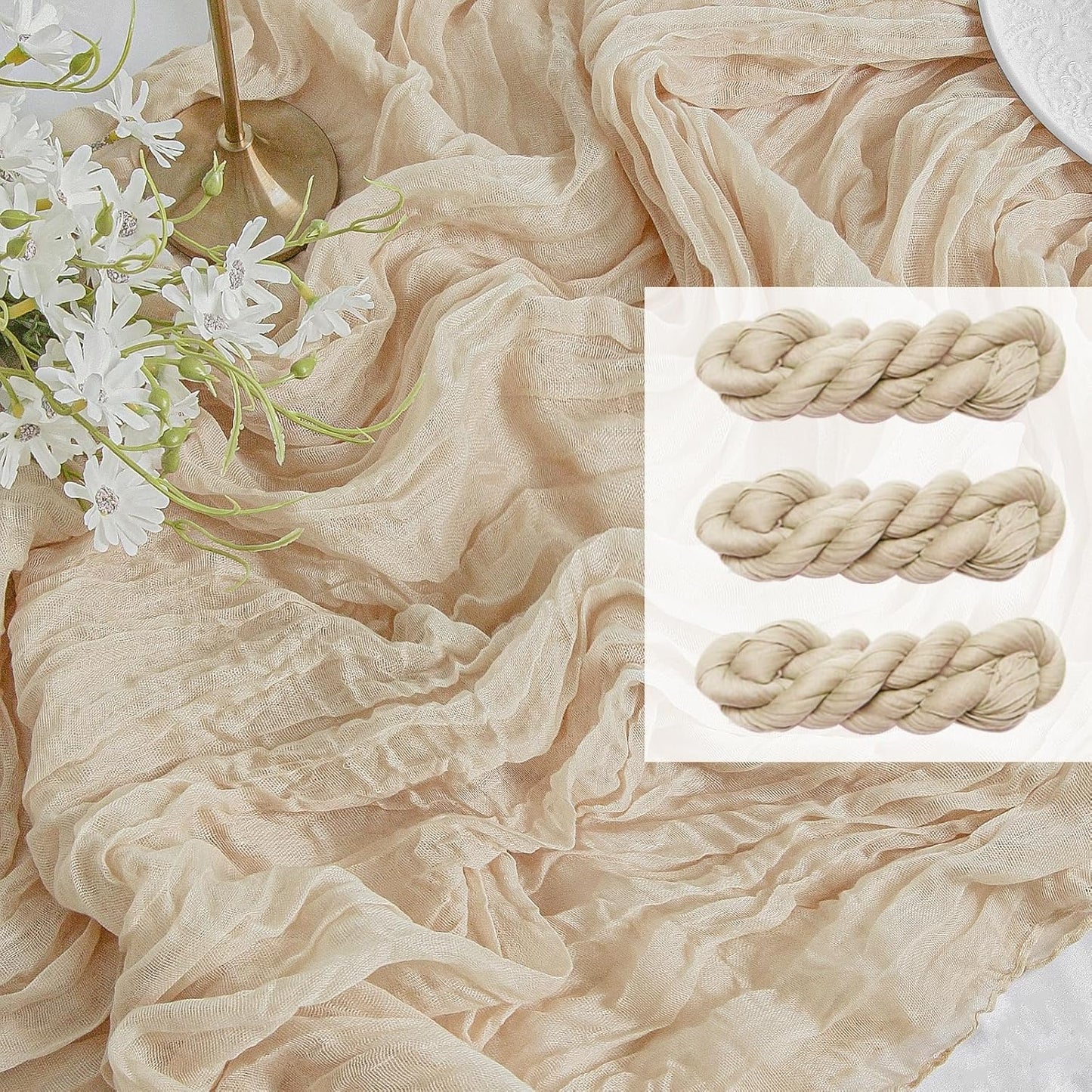 FEXIA 3 Pack Beige Table Runner 35x120 Inches for Baby Shower Decoration Gauze Spring Easter Table Runner for Wedding Party First Communion Centerpiece Engagement Bridal Shower Decoration