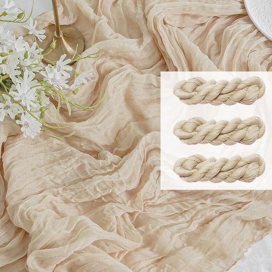 FEXIA 3 Pack Beige Table Runner 35x120 Inches for Baby Shower Decoration Gauze Spring Easter Table Runner for Wedding Party First Communion Centerpiece Engagement Bridal Shower Decoration