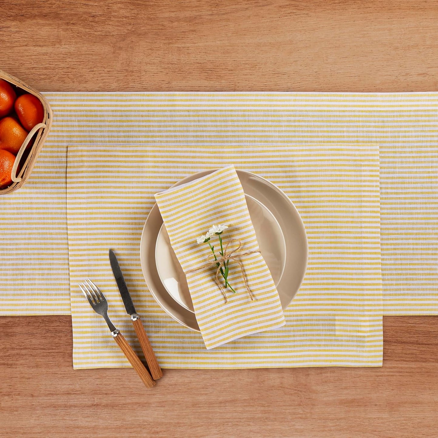 Solino Home Linen Striped Table Runner 144 Inches Long - Narrow Stripe 100% Pure Linen Spicy Mustard and White Dining Table Runner 14 x 144 Inch