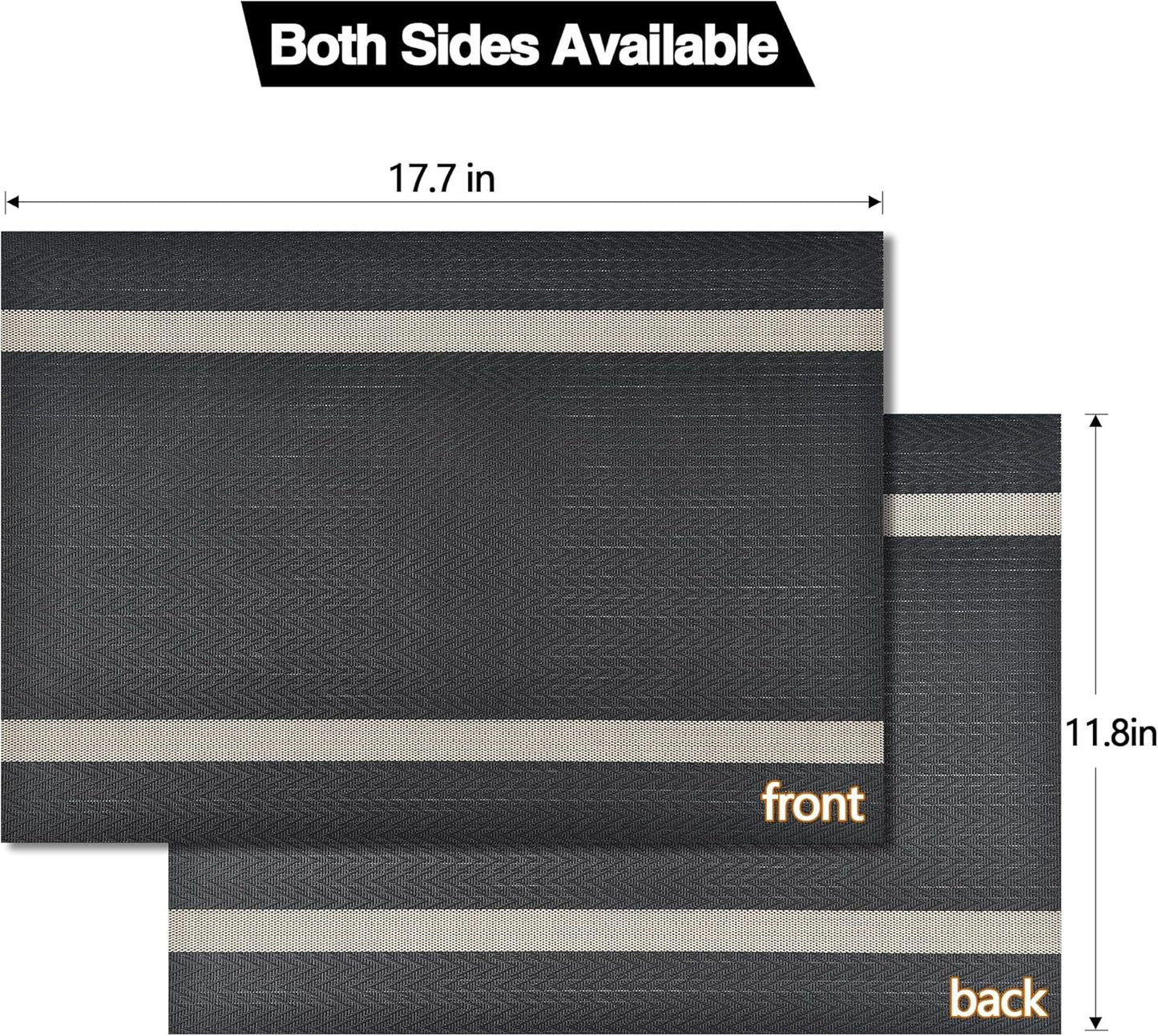 SLKQG Black Placemats Set of 8 - Easy Clean Modern Durable Washable Vinyl Place Mats - Heat Resistant Placemats for Kitchen Table - PVC Table Mats for Dining Table (Black with Stripes, 8)