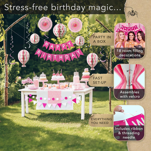 Premium Reusable Happy Birthday Decorations for Women and Girls Pink Party Decorations, Multi-occasion Banner, Pennant Banner, Paper Fans - Party Decor by Itsy Bitsy Party Co
