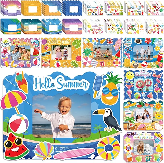 80UncleKimby 56packs Summer Crafts for Kids – DIY Picture Frame Kit with Stickers for End of Year Party Favors, Beach Day, School Classroom Activities