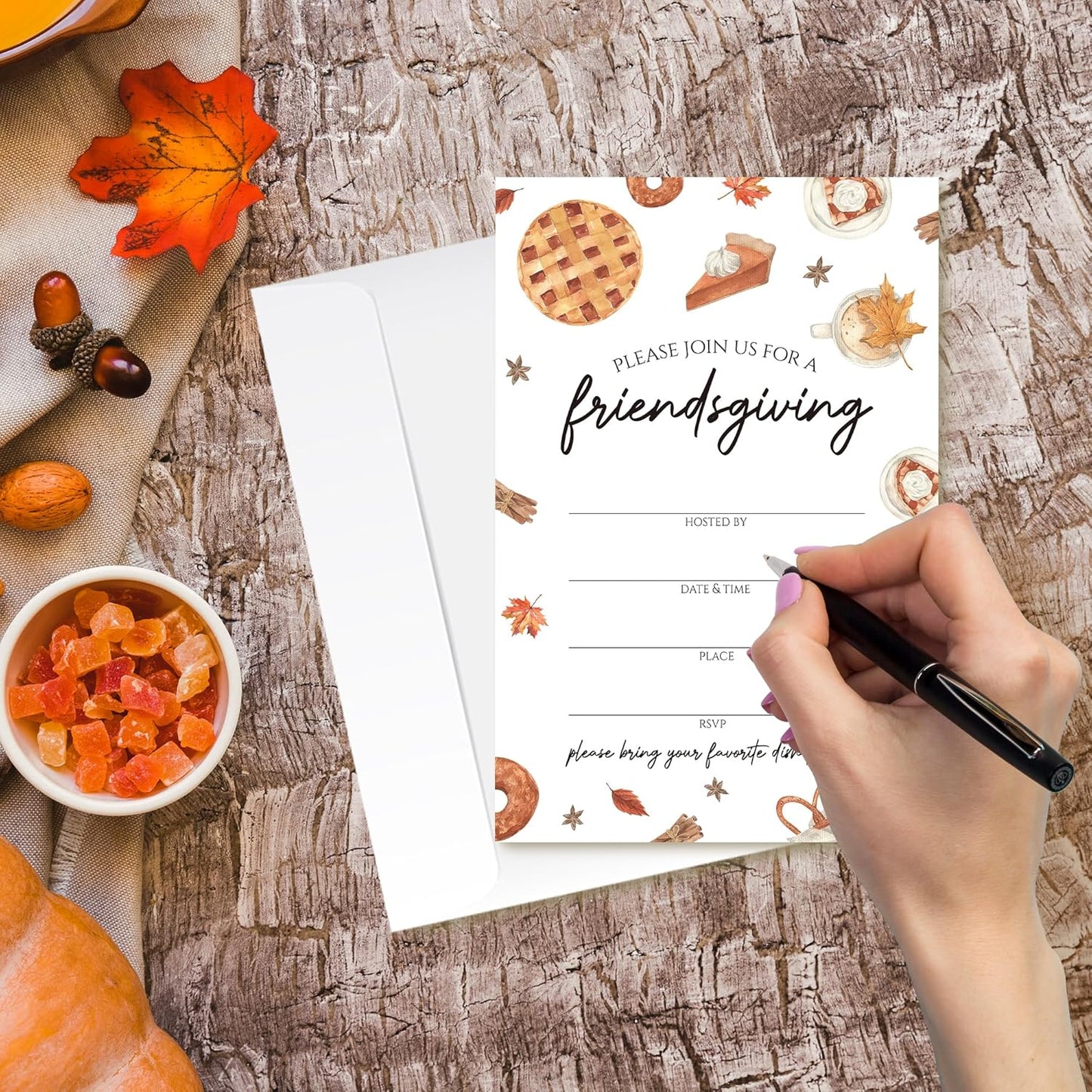 Friendsgiving Invitations - Pie & Fall Treats Themed Card with Envelopes And RSVP Cards - You're Invited 20Pcs Fill In Friendsgiving Party Cards(4 x 6 Inch) (038)