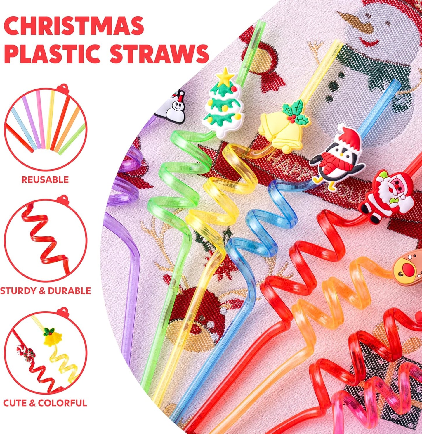 JOYIN 24 PCS Christmas Plastic Straws, 8 Colors Reusable Drinking Straws for Xmas Party Favors Kid-Friendly Supplies, Christmas Party Decorations, Goodie Bags Stuffers Fillers for Kids.