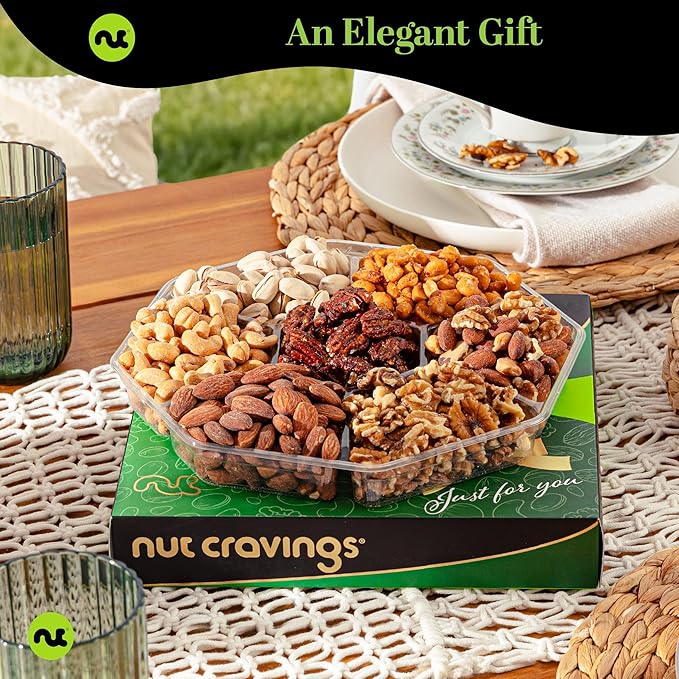 NUT CRAVINGS - Halloween Treats For Adults Mixed Nuts Gift Basket in Green Gold Box (7 Assortments, 1 LB) Holiday Xmas Christmas Food Arrangement, Healthy Snack Care Package, Food Assortments