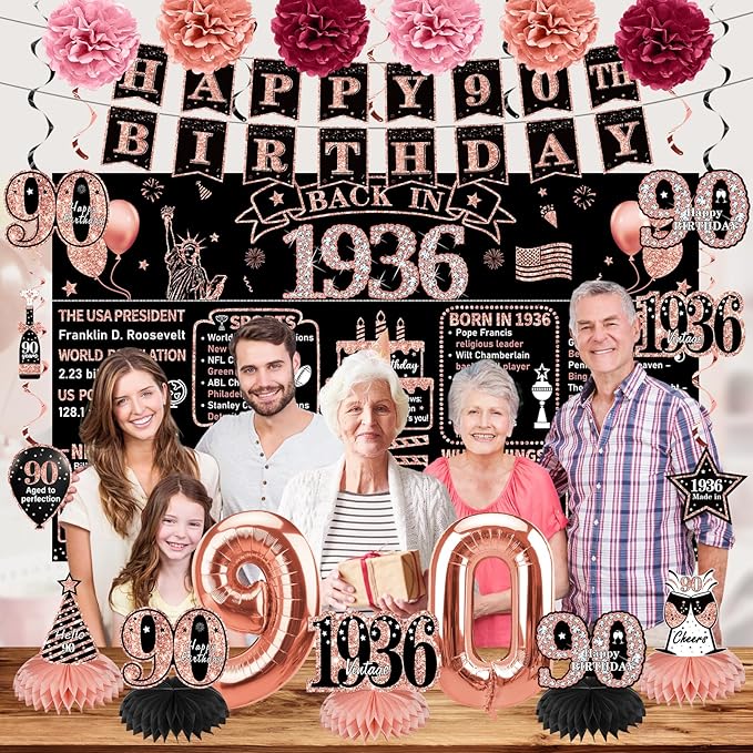 Zirtorei 90th Birthday Decorations for Women, 21pcs the Year 1936 Banner Balloon Party Supplies, Rose Gold 90 Year Old Birthday Backdrop, 90 Bday Honeycomb Centerpiece Hanging Swirls Sash Gifts