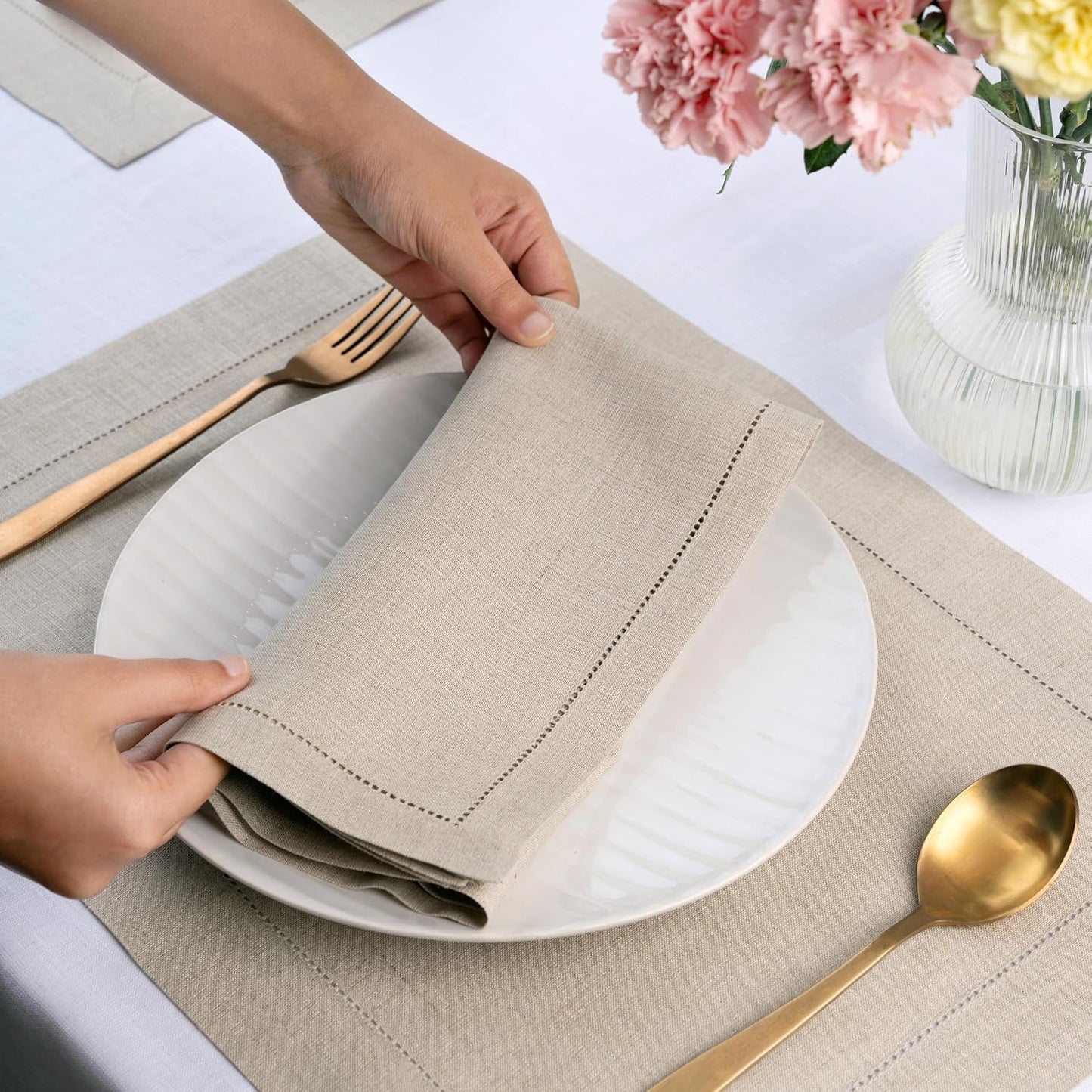 D'Moksha Homes Natural Linen Napkins Set of 6 - Classic Hemstitch 100% Pure Linen Hemstitch Dinner Napkins 20 x 20 Inch for Fall, Thanksgiving, Christmas, Holiday - Handcrafted and Machine Washable