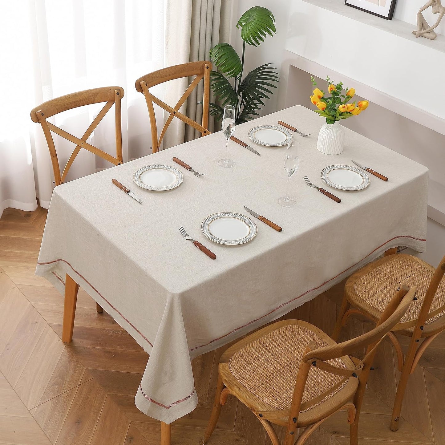 Linen World Hemstitch Linen Tablecloth,100% Natural French Flax,60x90Inch Handcrafted Table Cloth,Tabletop Decoration,Table Cloths for Kitchen,Dining(Natural-Macchiato)