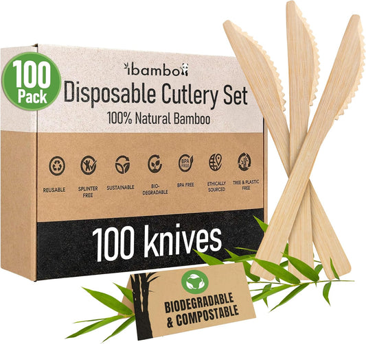 Ibambo 100% Bamboo Knives Set - 100 Eco Friendly Utensils (100 Compostable Knives) | Bamboo Reusable or Disposable Flatware | Compostable FSC Certified Silverware for Weddings, Camping, Parties