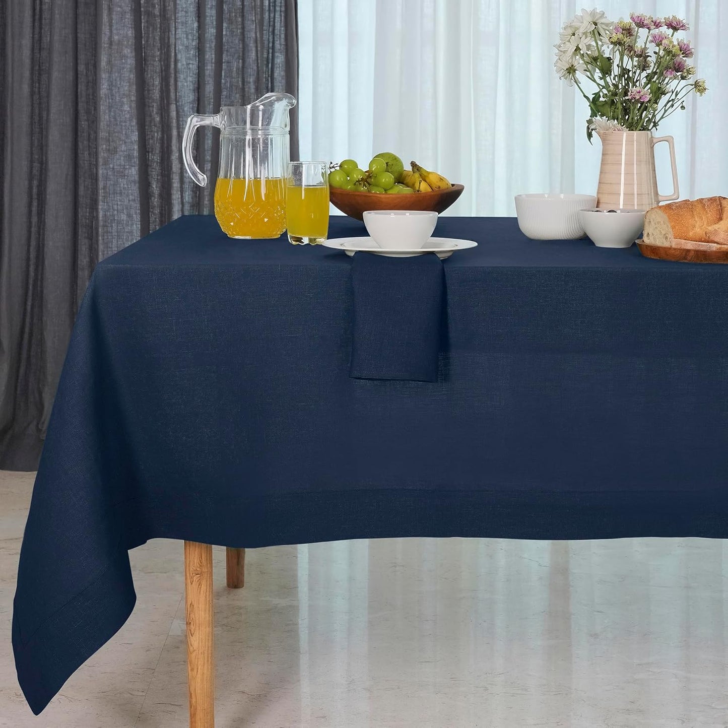 D'Moksha Homes Linen Tablecloth for Rectangle Tables 60 x 132 Inch - 100% Pure Linen Navy Blue Table Cloth - Machine Washable Cloth Tablecloth for Fall, Autumn and Halloween