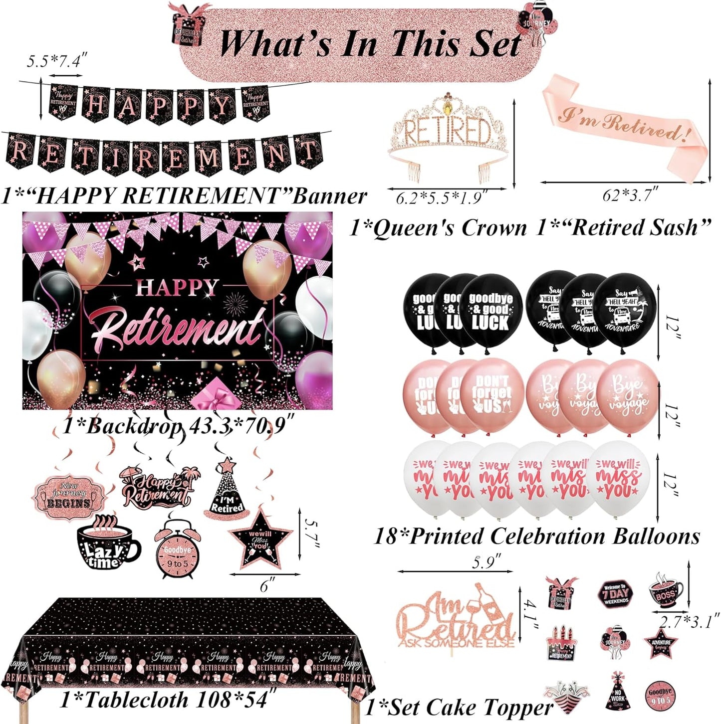 Happy Retirement Party Decorations for Women, Rosegold Banner, Star Coffee Pennant, Hanging Swirl, Latex Balloons, 70*43" Backdrops,108*54" Tablecloths, Cupcake Topper, Crown, Retired Sash