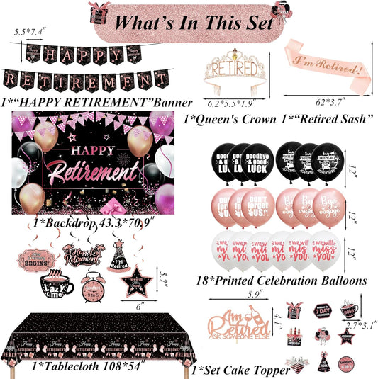 Happy Retirement Party Decorations for Women, Rosegold Banner, Star Coffee Pennant, Hanging Swirl, Latex Balloons, 70*43" Backdrops,108*54" Tablecloths, Cupcake Topper, Crown, Retired Sash