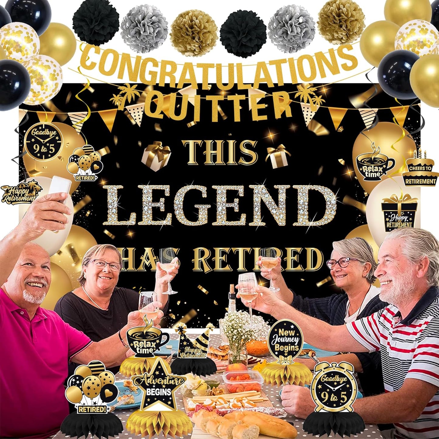 DARUNAXY Black Gold Retirement Party Decorations, This Legend Has Retired Banner Congratulations Quitter Hanging Swirl Honeycomb Confetti Balloons Black & Gold Tissue Paper Pom Poms & Cake Topper