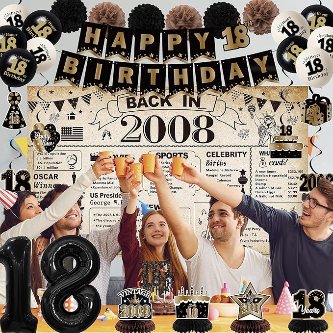 DARUNAXY 18th Birthday Party Decorations for Boys, Vintage Back in 2008 Banner, Black 18 Number Balloons & Cake Topper, Vintage 2008 Sweet 18 Birthday Honeycomb Hanging Swirl Confetti Balloons(30PC)