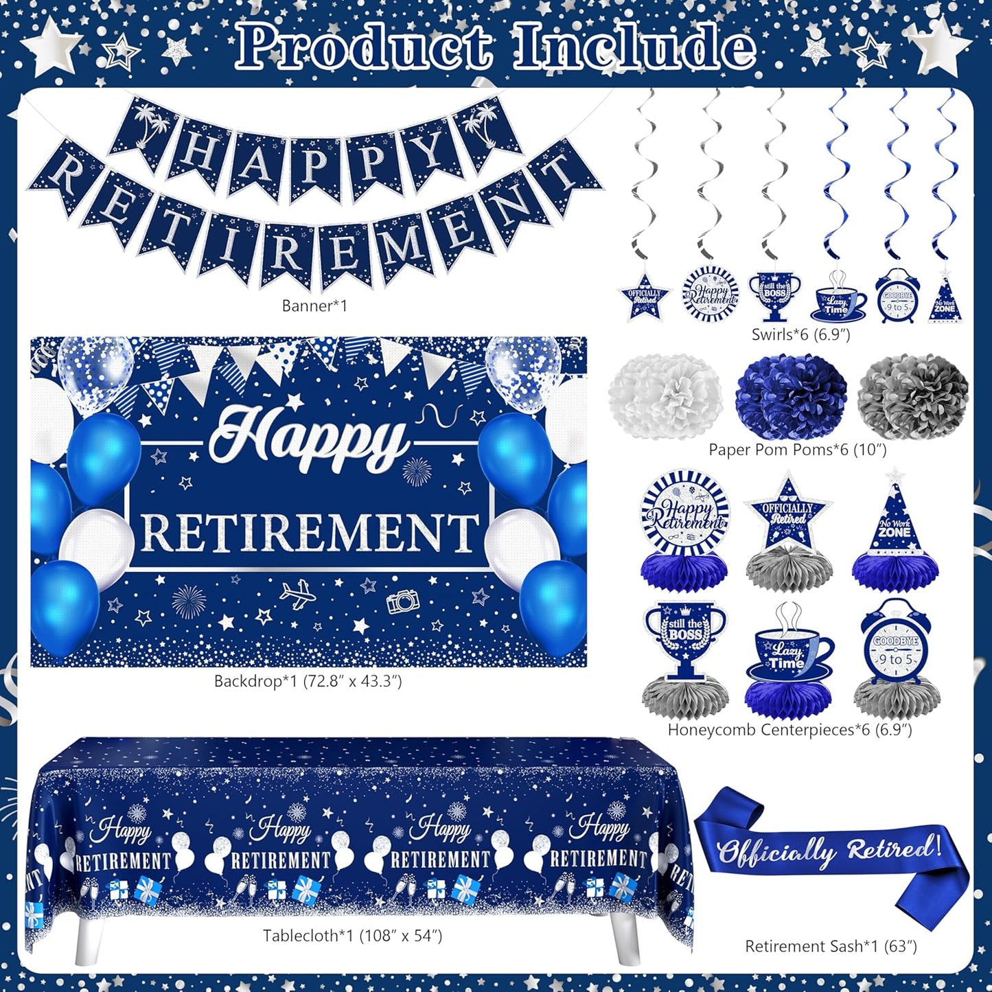 Retirement Party Decorations for Men Women 109Pcs Blue Silver Happy Retirement Decorations Include Banner Backdrop Balloons Sash Hanging Swirls Pompoms Tablecloth Honeycomb Centerpiece(Blue Silver)