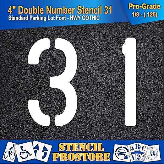 Pavement, Curb, and WheelStop Stencils - 4 inch Double Number Stencil - (31) - 4" x 4" x 1/8" (128 mil) - Pro-Grade