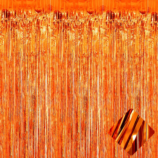 4 Pack 3.3Ft x 6.6Ft Orange Foil Fringe Curtain Backdrop, Metallic Tinsel Foil Fringe Streamers Curtains Background for Photo Booth, Birthday, Wedding, Halloween, Christmas Party Decoration