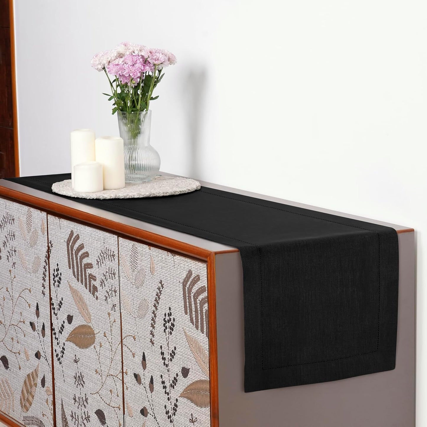 D'Moksha Homes Linen Black Table Runner 36 Inches - 100% Pure Linen Small Table Runner 14 x 36 Inch Ideal for Dresser, Coffee Tables, Fall and Halloween - Classic Hemstitch - Classic Hemstitch
